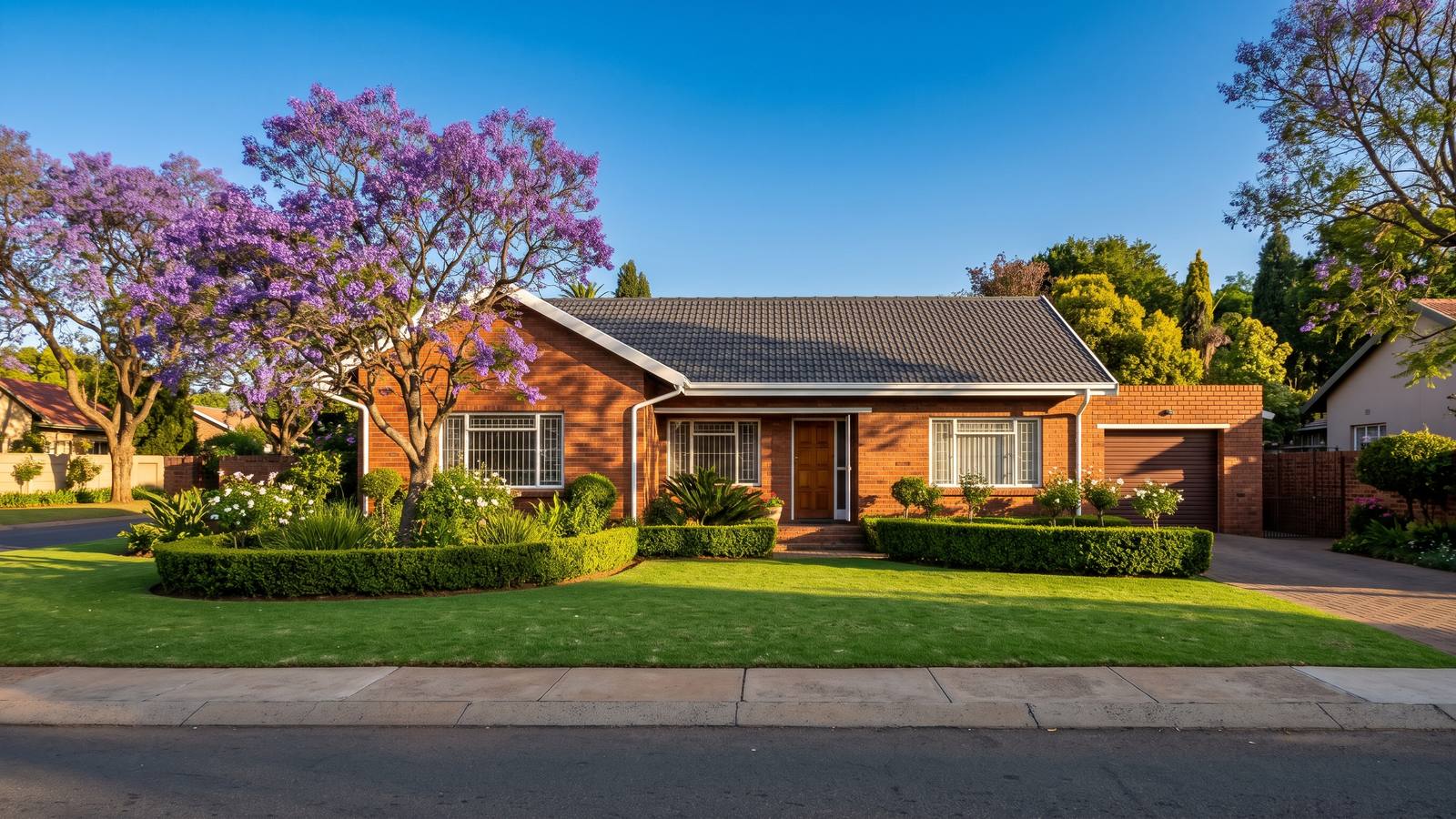 Well-kept face-brick home with a grey concrete-tile roof, white gutters and a jacaranda in the garden, the kind of house home renovations in Pretoria start from.