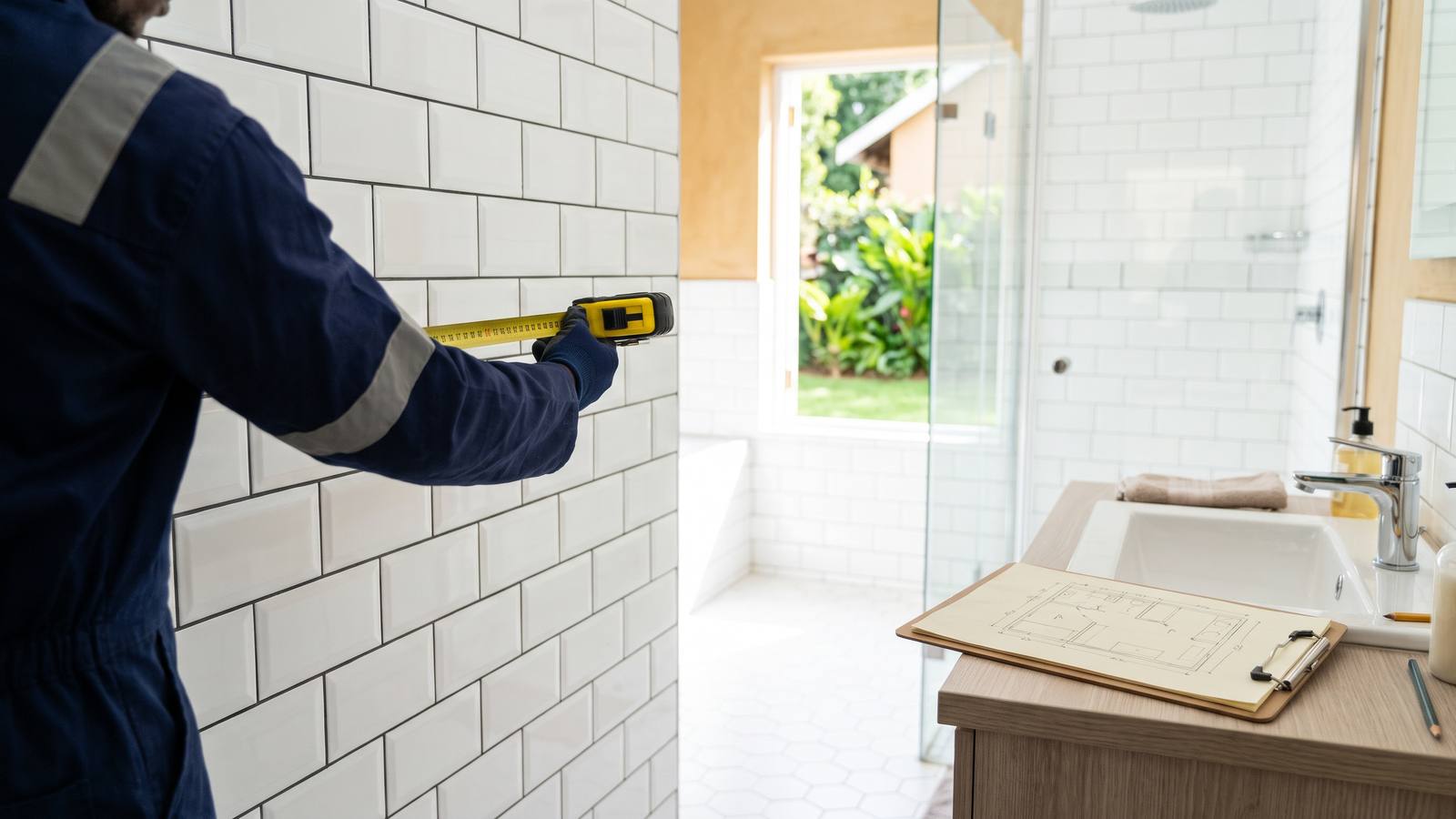 Tape measure stretched along a bathroom wall beside a clipboard sketch, measuring a room for a written renovation quote.