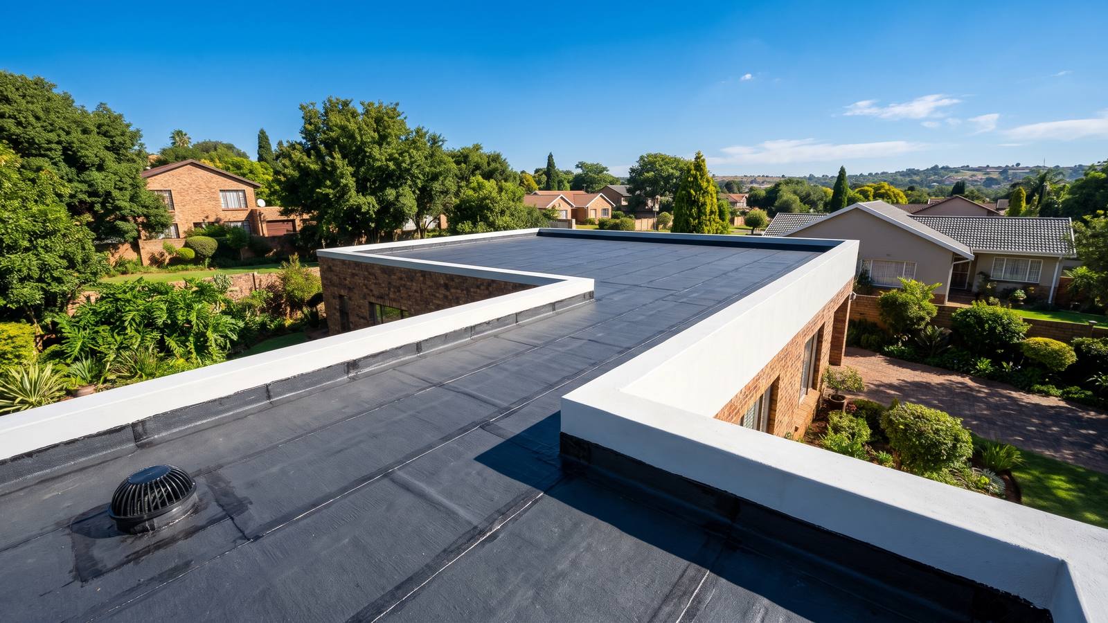 Fresh torch-on waterproofing membrane with neat overlaps running up a parapet wall on a flat concrete roof, finished roof waterproofing.