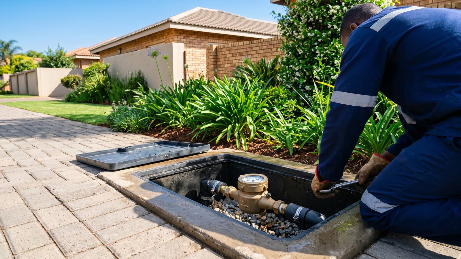 Close view of a residential water meter in a neat paved box beside a garden bed, the first check in leak detection on a property.